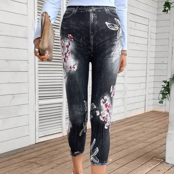 DENIM AND FLORAL PRINT LEGGINGS - Picture 4 of 4